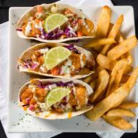 Fish Tacos · Fried cod with pico de gallo, cabbage, cheddar-jack, and cusabi ranch