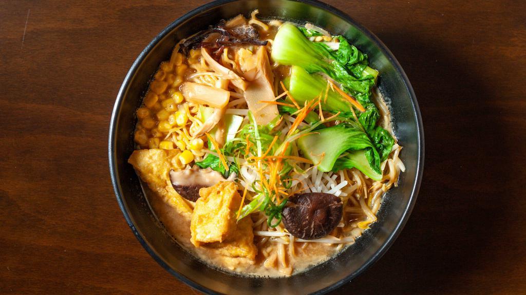 Vegetarian Ramen · Clear Vegetable Broth, Miso Tare Topped with Wood Ear Mushrooms, Bean Sprouts, Bamboo, Bok choy, Scallions, Tofu, and Corn.