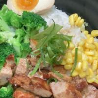 Chashu Rice Bowl · Japanese roast pork, rice, fresh steam broccoli, seasoned boiled egg, scallion, corn.