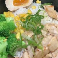 Chicken Rice Bowl · Hibachi Chicken, rice, fresh steam broccoli, seasoned boiled egg, scallion, corn.