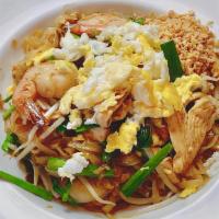 Pad Thai · Stir-fried thin noodle, chives, tofu, egg, bean sprouts & crushed peanuts.