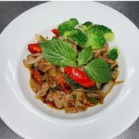 Kaprao · Spicy level 2. Sautéed Thai chili, basil leaves, onions, bell peppers in spicy Thai basil sa...