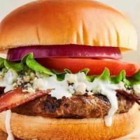 Bleu Cheese Bacon Burger · 1/2 pound burger, blue cheese dressing, bacon, lettuce, tomato and special sauce on a brioch...