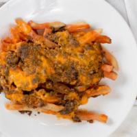 Loaded Steak Fries · Fries topped with nacho cheese, steak, our famous sauce and giardiniera peppers
