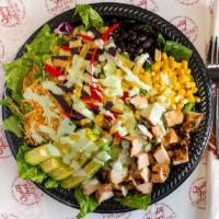 Southwest Chicken · BBQ Ranch. Grilled chicken, corn, black beans, tortilla strips, shredded cheese, and avocado...