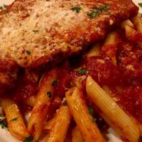 Pollo Parmigiano   · Pan-fried, hammer flattened chicken baked with mozzarella cheese, topped with san marzano to...