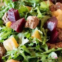 Beet & Arugula Salad · Coal fired red and golden beets, Goat cheese fritters, arugula, candied walnuts, grapefruit ...