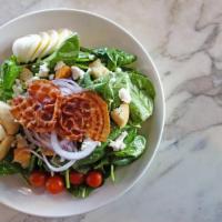 Spinach & Goat Cheese Salad · Pancetta crisp, croutons, Goat cheese, egg, cherry tomatoes, red onions, honey mustard vinai...