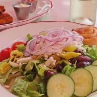 Greek Salad · Cherry tomatoes, red onion, cucumber, pepperoncini, Feta cheese, Kalamata olives, red wine v...
