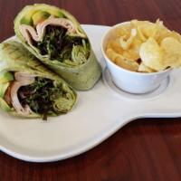 Sleek Wrap · Made with Spinach Tortilla, Sliced Avocado, Mixed Greens, Olives, Provolone, Pesto with your...