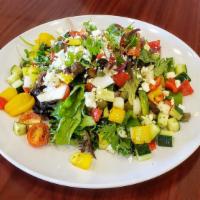 Greek Salad · Cosists of Cucumbers, tomatoes, Bell Pepper, Feta Cheese, Red Onions, Capers, Kalamata Olive...