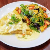 Chicken Alfredo Crepe · Savory Crepe filled with Roasted Chicken, Mushrooms, Mozzarella, Parmesan and Alfredo Sauce....