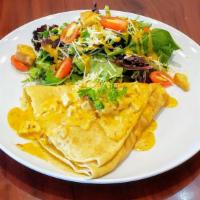 Chipotle Roasted Chicken · Savory Crepe filled with Chipotle Sauce, Roasted Chicken, Mozzarella, Parmesan and a Side Sa...