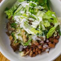 Carnitas Bowl · Berkshire pork carnitas(contains dairy), pinquito beans, red rice, cheese, lettuce, crema, s...