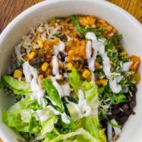 Veggie Bowl · Corn, zucchini, poblano chile, potatoes, black beans, red rice, cheese, lettuce, crema, sals...