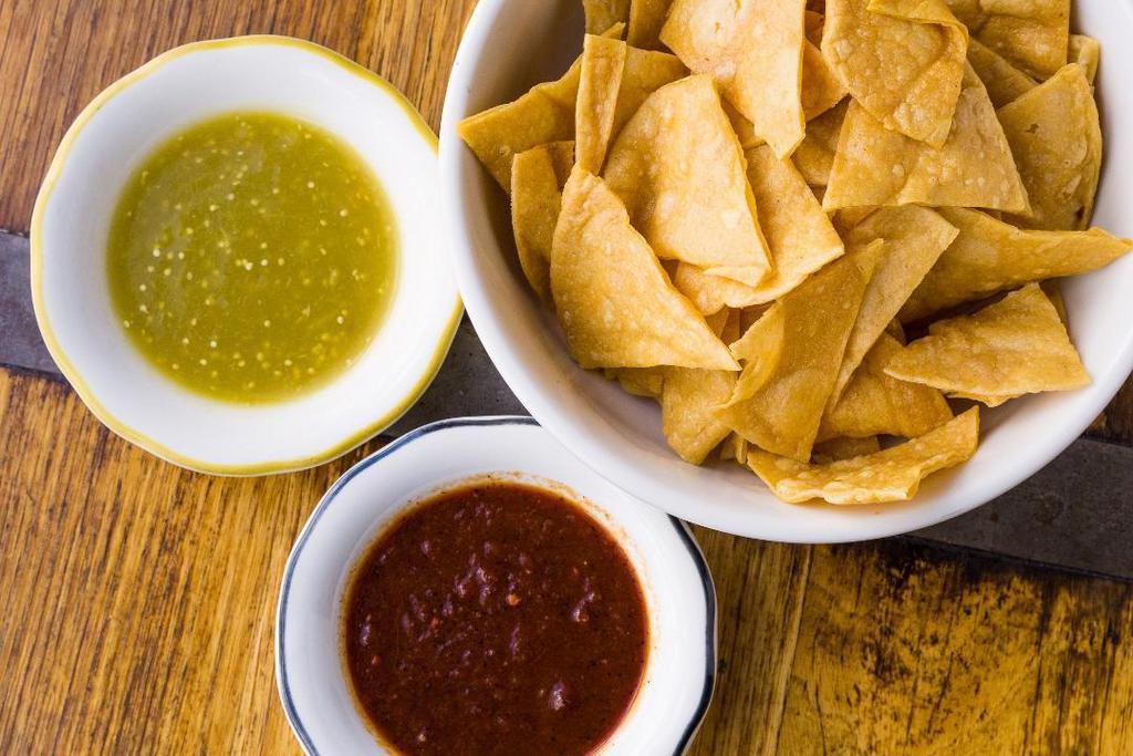 Chips & Salsas · Housemade corn tortilla chips, chipotle salsa, salsa verde