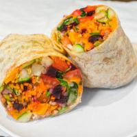 Healthy Wrap · Your choice of protein, arugula, spinach, cucumbers, tomatoes, carrots, pumpkin seeds, sprou...