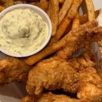 Chicken Strips And Fries · Marinated and battered chicken strips with a side of fries and choice of dipping sauce