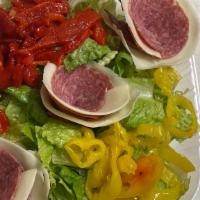 Antipasto Salad · Capicola, salami, provolone cheese, roasted red peppers and sliced pepperoncini. Includes ro...
