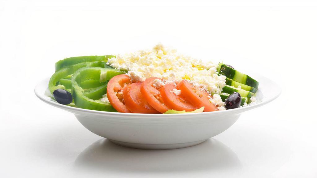 Greek Salad · Crisp lettuce,feta,cucumber,tomato,banana pepper,green pepper,kalamata olives,onion and house dressing.