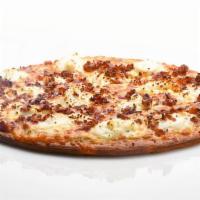 Cheezy Garlic Bacon · White sauce,ricotta,bacon,feta and mozzarella cheese.