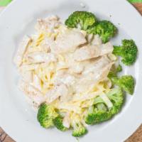 Chicken Broccoli · Chicken cubes and fresh broccoli tossed in an alfredo sauce over pasta.
