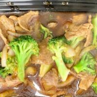 Broccoli Beef · Stir fried beef with broccoli and onions in a light sauce.