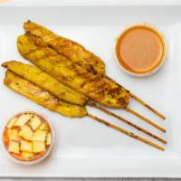Satay Chicken (4) · Marinated in coconut cream with herbs and spices, grilled served with peanut sauce and cucum...