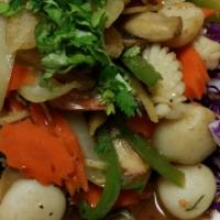 Combination Seafood · Hot. Stir fried shrimp, calamari, fish ball, crab clam, green mussel, ginger, carrot, onion,...
