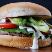 Avocado Burger Ranch · Beef, sliced avocado, bacon, lettuce, tomatoes, ranch, mayo, toasted bun.