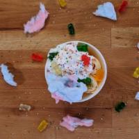 Cotton Fancy - Cotton Candy · Cotton candy ice cream with gummy bears, rainbow sprinkles and cotton candy.