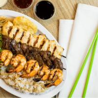 #6. Chicken, Beef & Shrimp Kabob Plate · Grilled Chicken, Beef, and Shrimp Kabobs over Rice with Salad and Side Tempura (Top 5 Most P...
