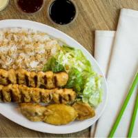#3. Chicken Kabobs Plate · 2 Grilled White Meat Chicken Kabobs over Rice with Salad and Side Tempura (Top 5 Most Popular)