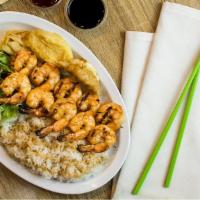#5. Shrimp Kabobs Plate · 2 Grilled Shrimp Kabobs over Rice with Salad and Side Tempura