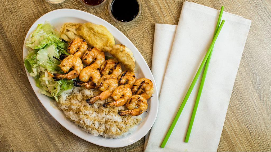 #5. Shrimp Kabobs Plate · 2 Grilled Shrimp Kabobs over Rice with Salad and Side Tempura