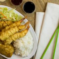 #22. Seafood Dinner · 3 Sole Fish Tempura and 3 Shrimp Tempura with Rice and Salad