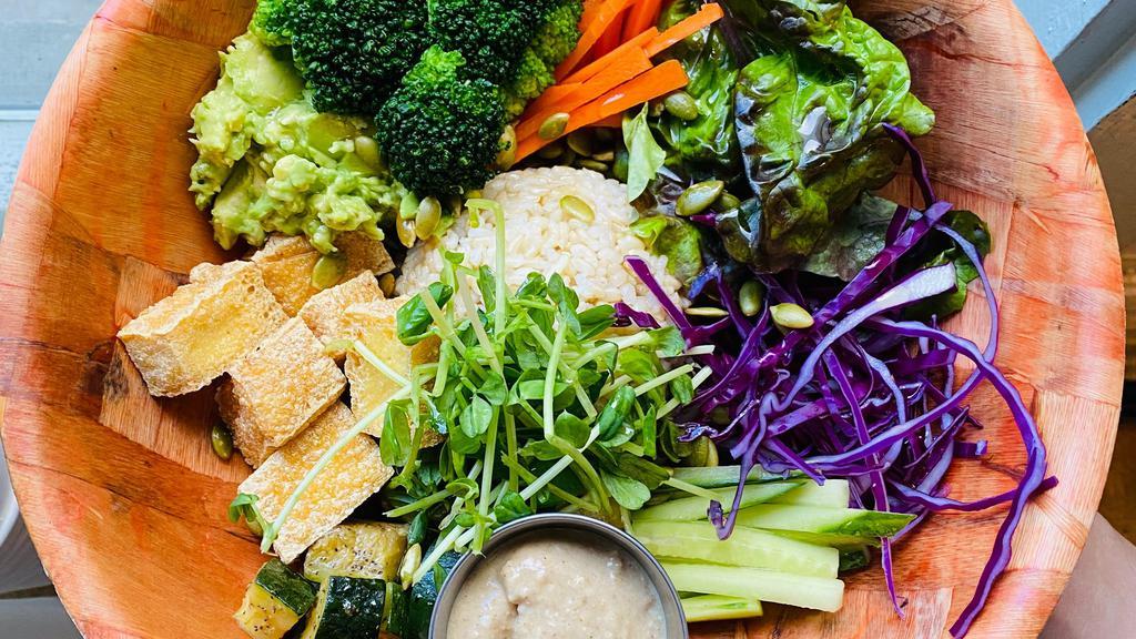 420 Bowl (Special) · smashed avocado, brown rice, tofu, broccoli, cucumber, carrots, red cabbage, zucchini, sprout, pumpkin seeds with house-made miso sesame dressing.