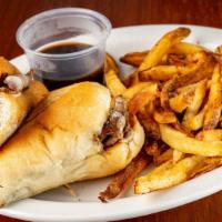 Loaded French Dip · Slowly cooked beef round topped with Provolone cheese, sautéed pepper, mushroom, onion and s...