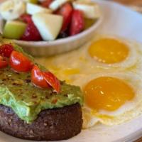 Avocado Toast · Fresh avocado mash, grape tomatoes, crushed red peppers on great grain Farm to Market bread ...