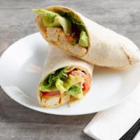 Grilled Chicken Avocado Wrap · Grilled chicken, avacado, tomatoes, cheddar cheese, sriacha mayo on multigrain flax seed.wrap.