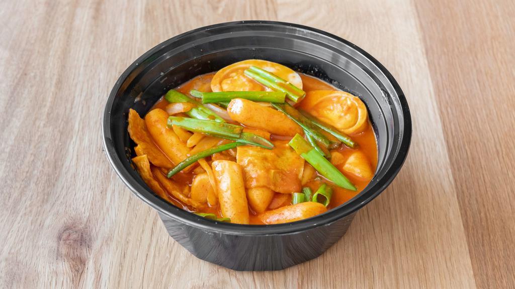 Tteobokki · Spicy rice and fish cakes simmered in a spicy gochujang sauce.