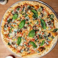 Veggie Deluxe Pizza · Red sauce, artichoke, basil, roma tomato, spinach and mushrooms.