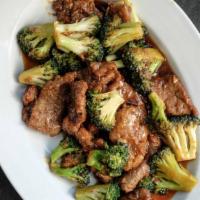 Beef & Broccoli · seasoned flank steak, garlic, onions, soy & sambal brown sauce. (sub tofu for vegetarian opt...