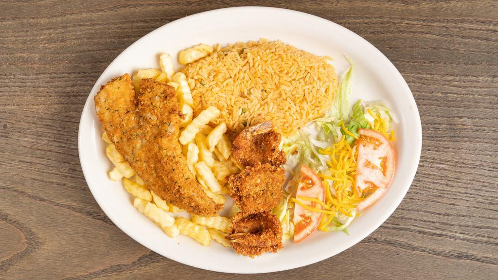 Seafood Platter · Fried Fish  & Fried Shrimp served w/ French Fries , Rice and a Fresh Salad.