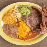 Steak Tampiqueno · Charbroiled steak topped w- a tampico sauce / served w/ cheese enchiladas, guacamole, Rice &...