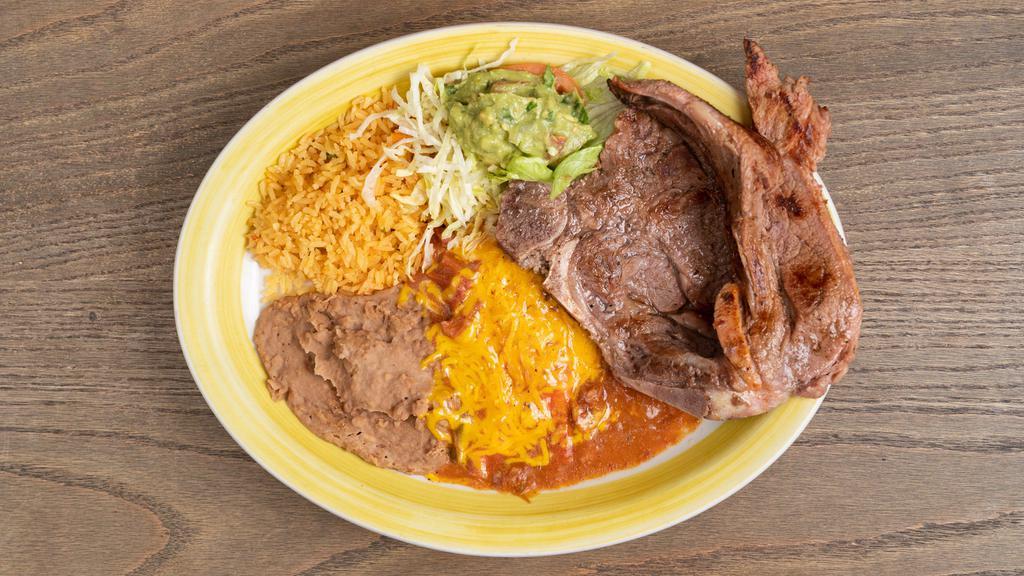 Steak Tampiqueno · Charbroiled steak topped w- a tampico sauce / served w/ cheese enchiladas, guacamole, Rice & Beans.