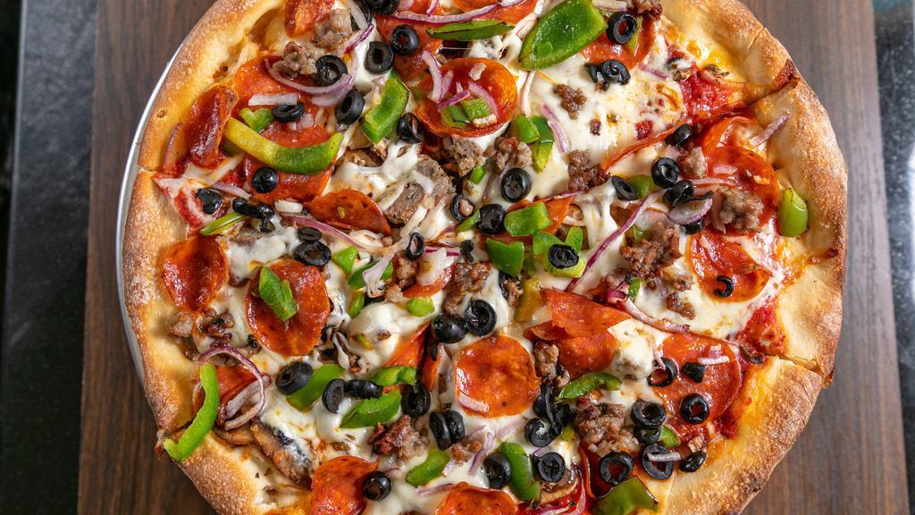 The Works Pizza (Small) · Served with pepperoni, sausage, meatballs, mushrooms, olives, onions, and bell peppers.