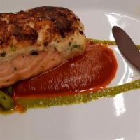 Grilled Salmon · Gluten free. Wild king salmon, coconut rice, and seasonal vegetables.