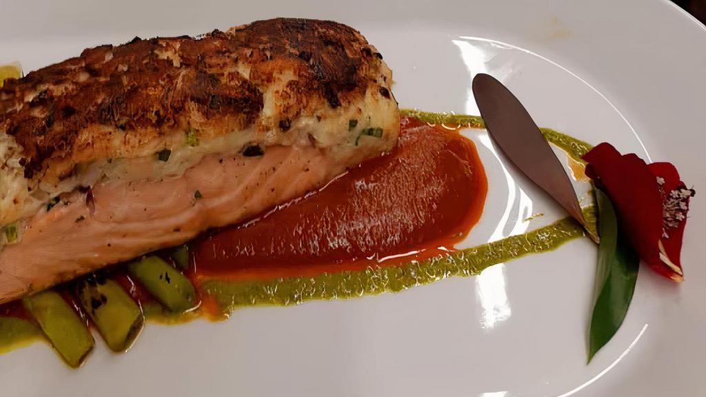 Grilled Salmon · Gluten free. Wild king salmon, coconut rice, and seasonal vegetables.