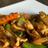 Lemongrass Chicken · Spicy. Chicken stir-fried with sauteed onions in a rich brown sauce with fresh lemongrass an...